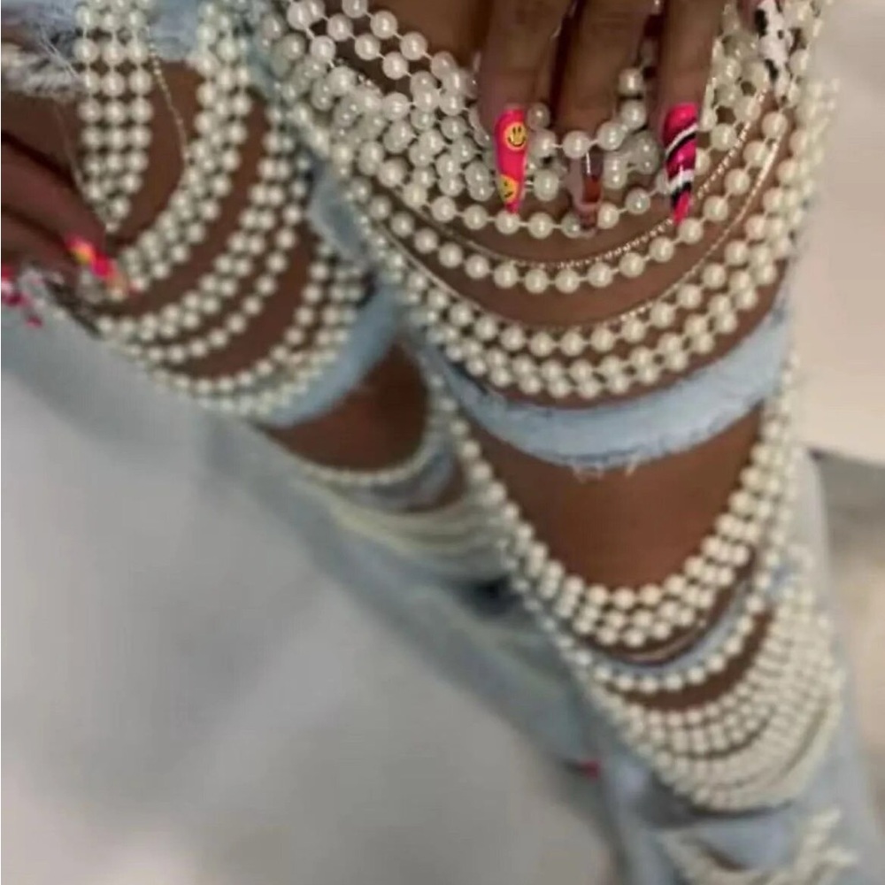 Pearl and  Rhinestone Ripped Jeans - Picture 2 of 7